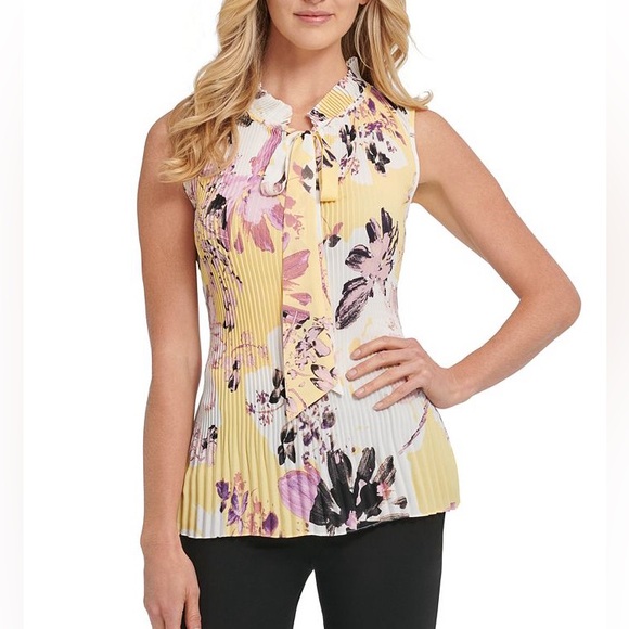 DKNY Floral-Print Pleated Tie-Neck Blouse in White and Pink, Small, Brand new - Picture 3 of 17